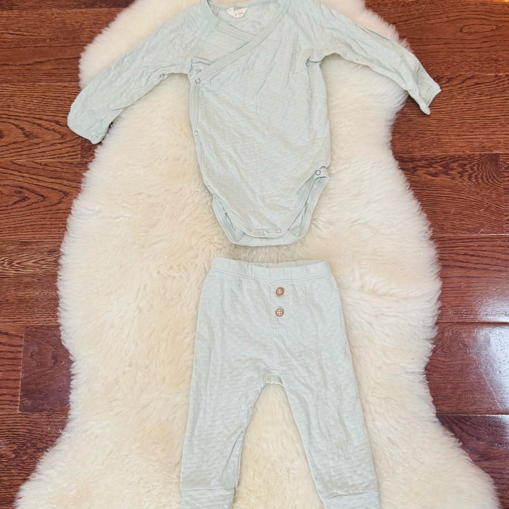 Quincy Mae pointelle wrap bodysuit and pointelle pants in Sea Mist